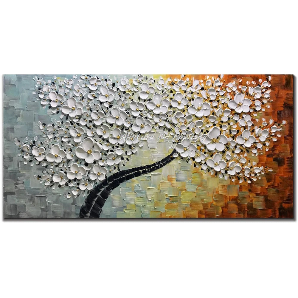 Mintura Hand-painted Abstract Knife Little White Flower Oil Painting on Canvas,Wall Art Pictures for Living Room