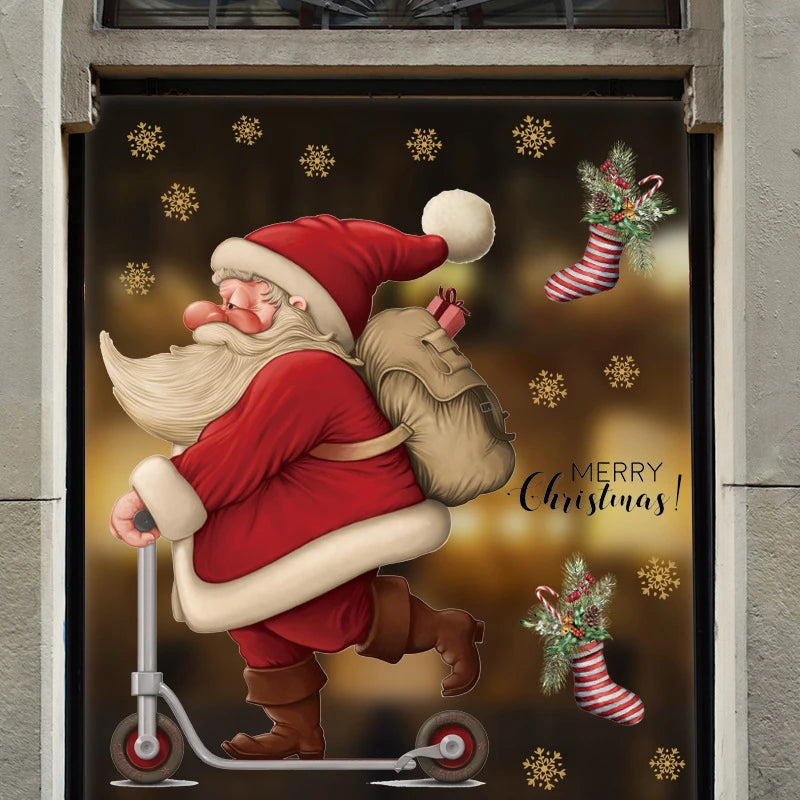 2024 Christmas Window Stickers Santa Claus Xmas Tree Cartoon Glass Decal Merry Christmas New Year Holiday