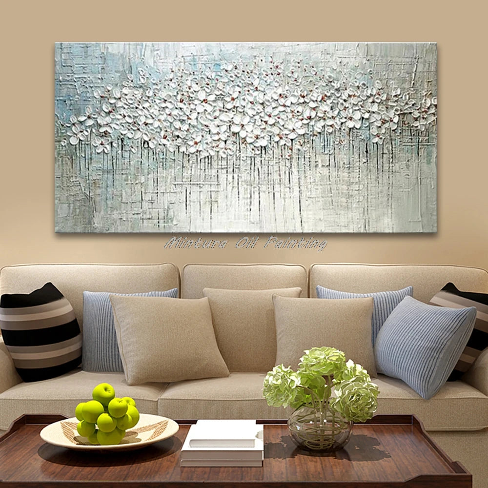 Mintura Hand-painted Abstract Knife Little White Flower Oil Painting on Canvas,Wall Art Pictures for Living Room