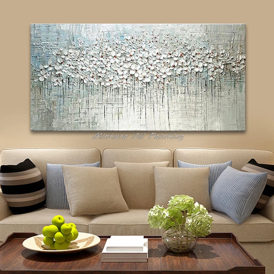 Mintura Hand-painted Abstract Knife Little White Flower Oil Painting on Canvas,Wall Art Pictures for Living Room