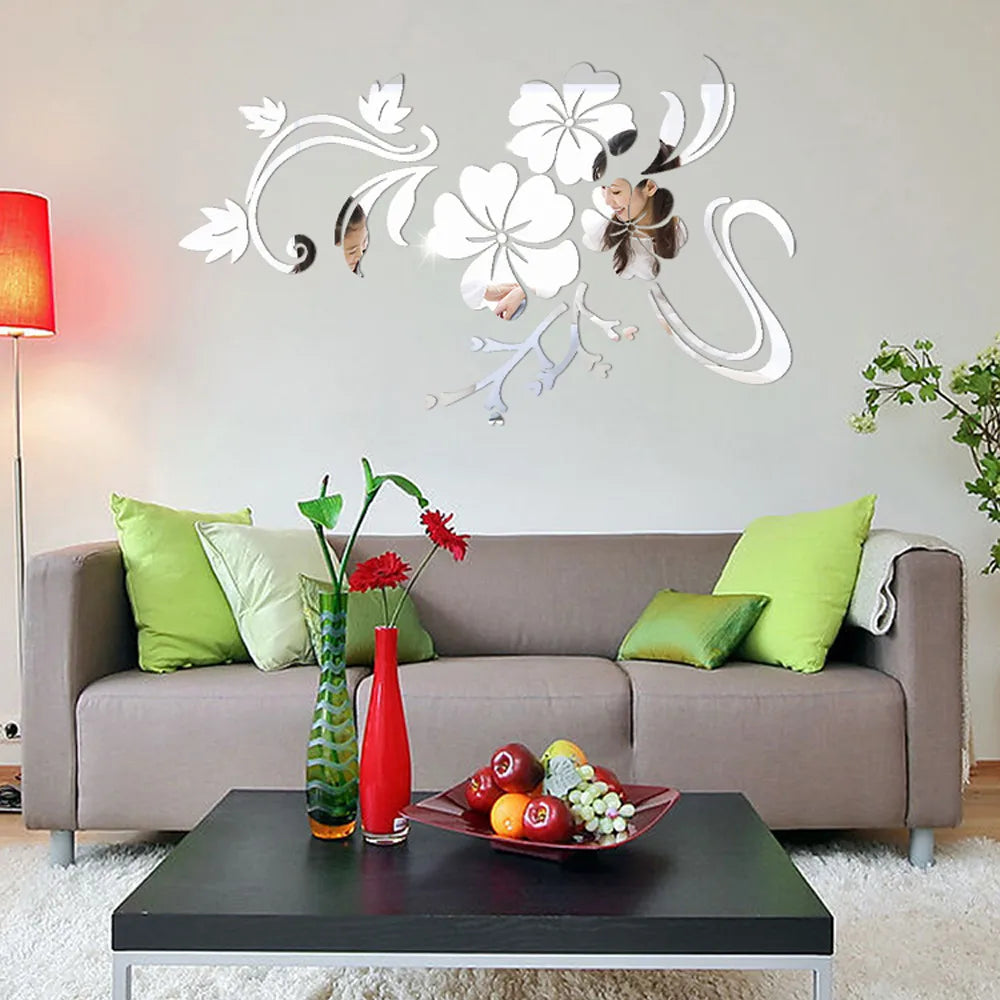 Acrylic Flower Mirror 3D Decorative Wall Stickers, Art Muralist for Bedroom TV Background Decoration