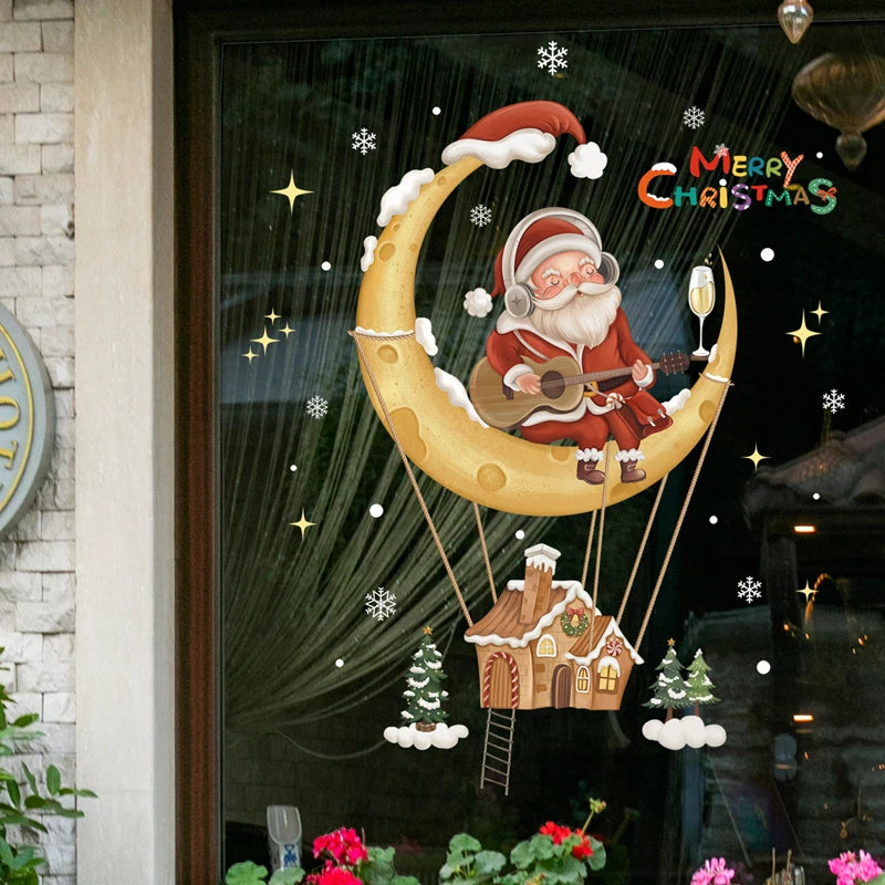 2024 Christmas Window Stickers Santa Claus Xmas Tree Cartoon Glass Decal Merry Christmas New Year Holiday