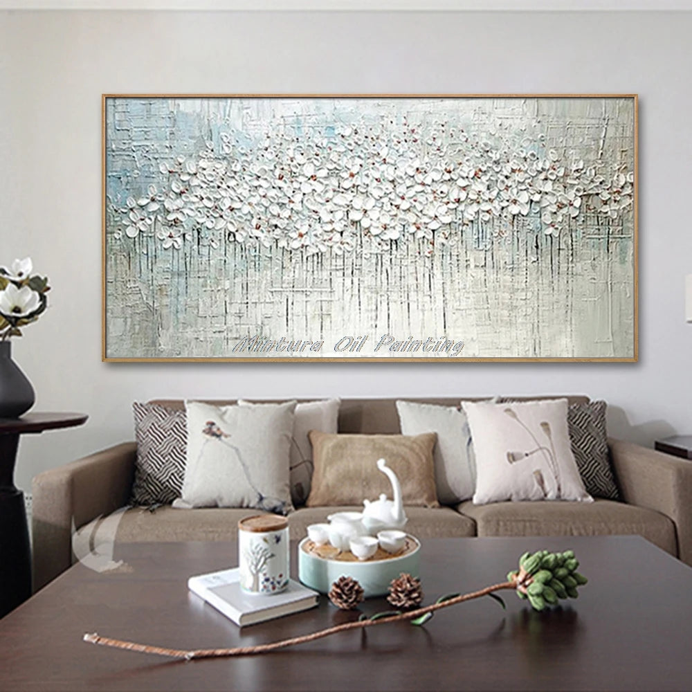 Mintura Hand-painted Abstract Knife Little White Flower Oil Painting on Canvas,Wall Art Pictures for Living Room