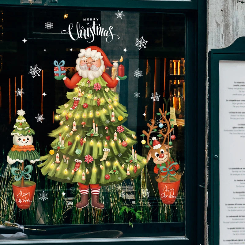 2024 Christmas Window Stickers Santa Claus Xmas Tree Cartoon Glass Decal Merry Christmas New Year Holiday