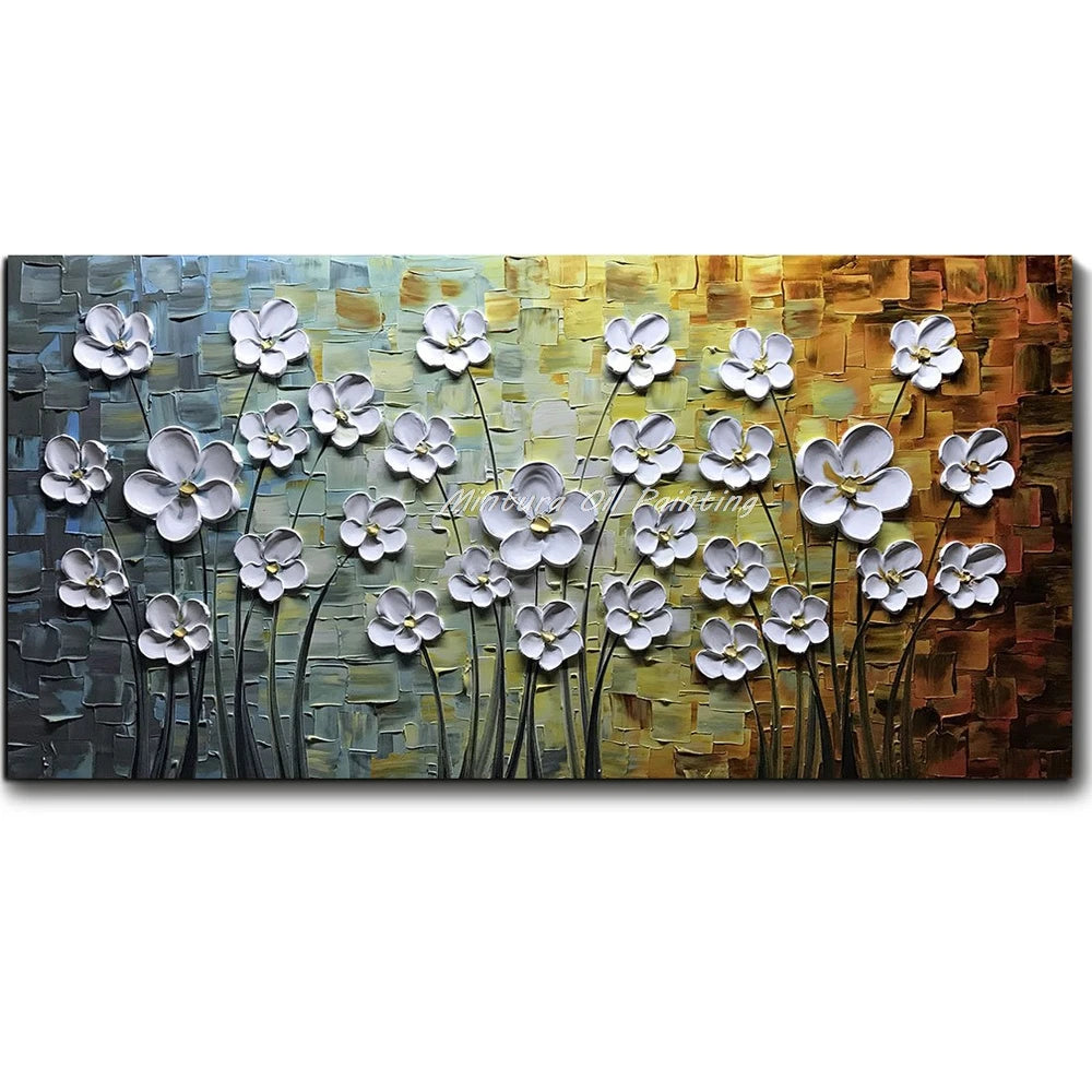 Mintura Hand-painted Abstract Knife Little White Flower Oil Painting on Canvas,Wall Art Pictures for Living Room