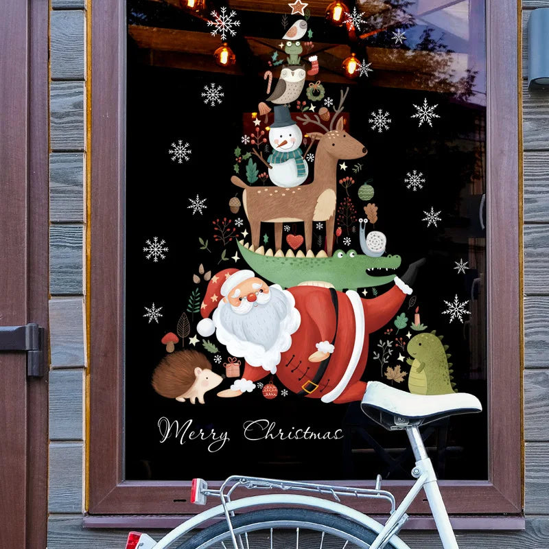 2024 Christmas Window Stickers Santa Claus Xmas Tree Cartoon Glass Decal Merry Christmas New Year Holiday