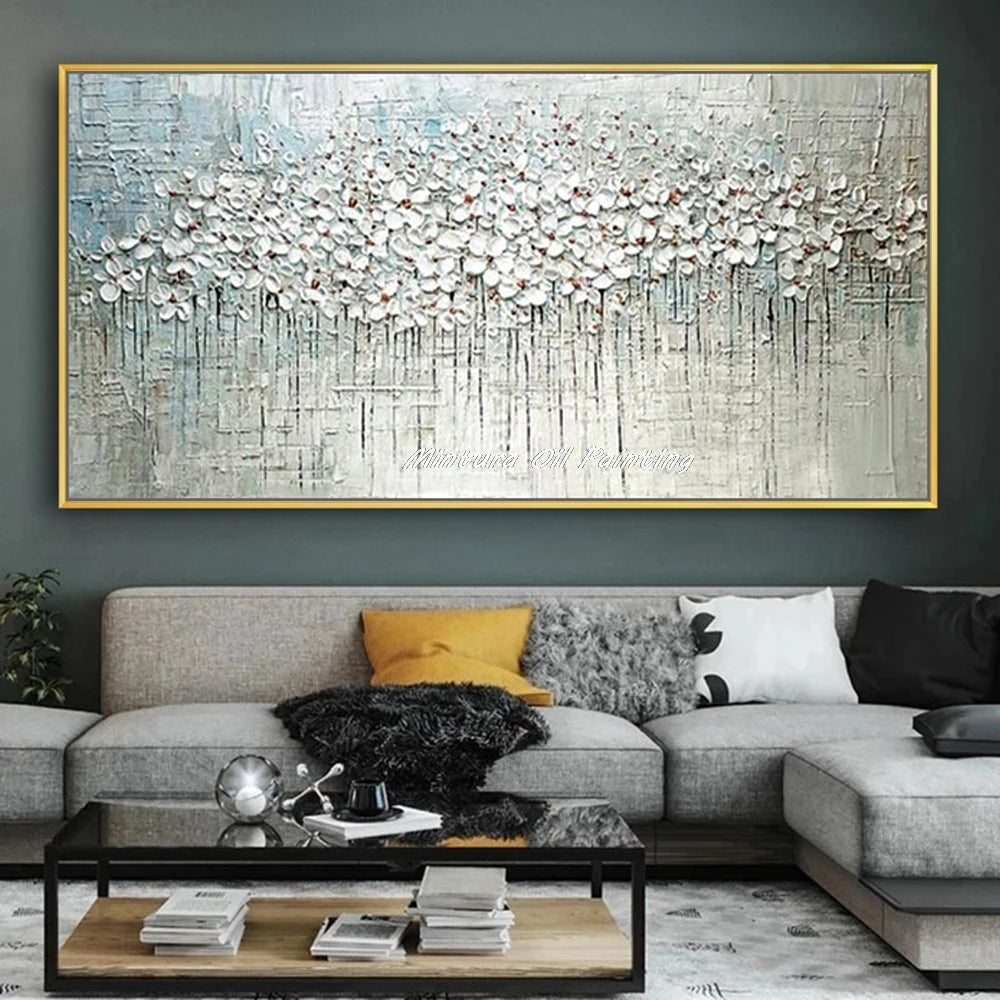 Mintura Hand-painted Abstract Knife Little White Flower Oil Painting on Canvas,Wall Art Pictures for Living Room