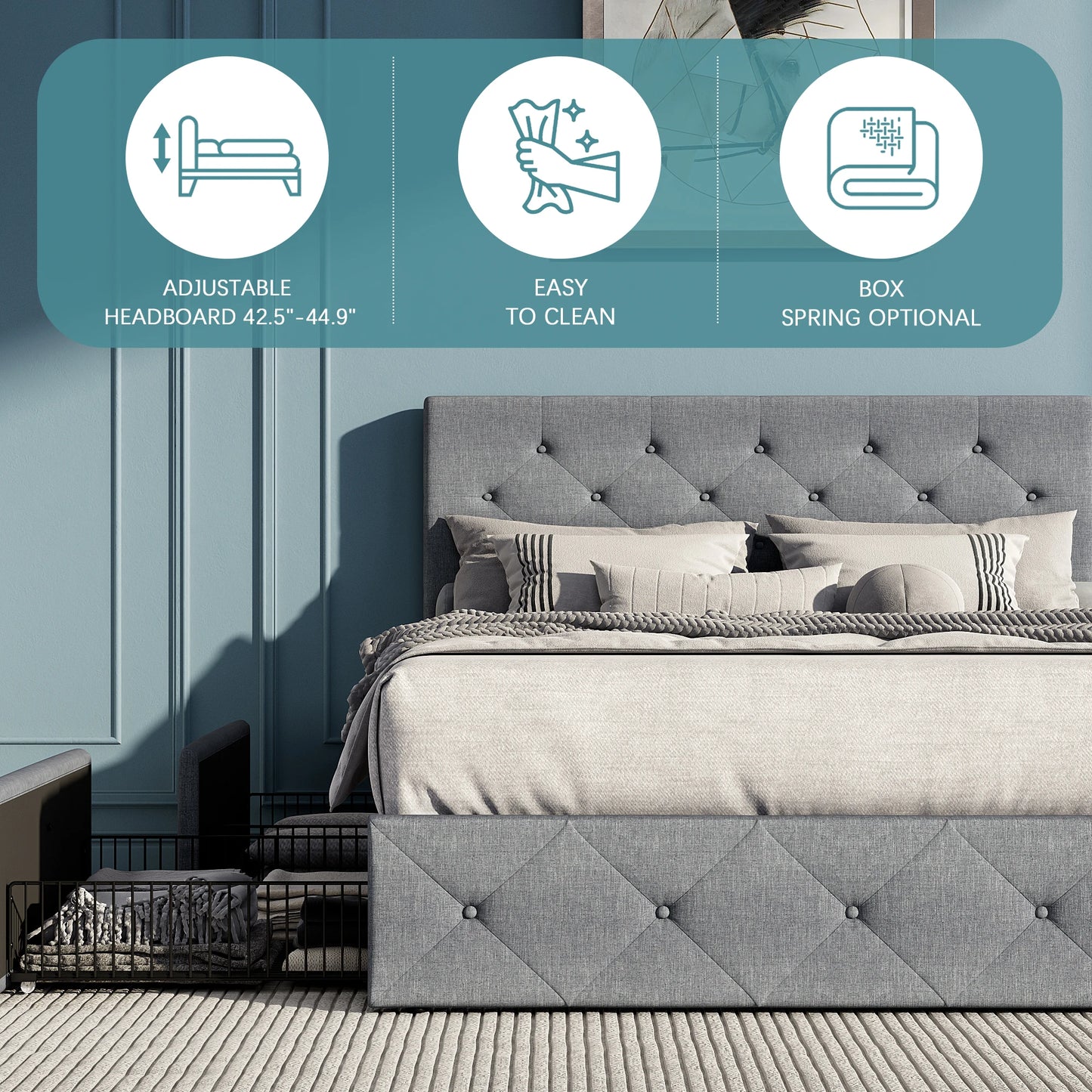 HOOMIC Platform Storage Bed Frame with 4 Drawers & Adjustable Headboard, Diamond Stitched Button Tufted Allewie