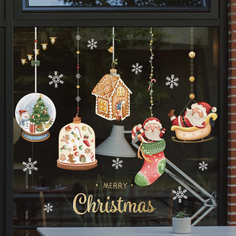 2024 Christmas Window Stickers Santa Claus Xmas Tree Cartoon Glass Decal Merry Christmas New Year Holiday
