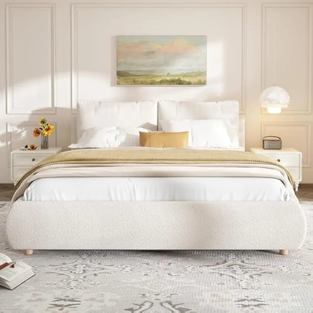 Merax Queen Size Boucle Fabric Upholstered Platform Bed with Two Removable Pillow Headboard, Wood Bed Frame
