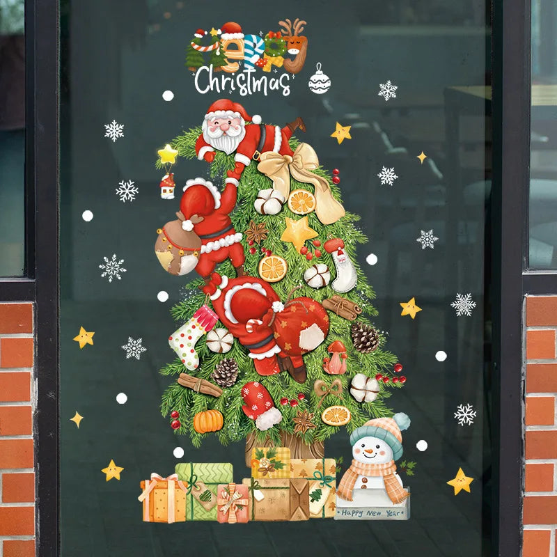 2024 Christmas Window Stickers Santa Claus Xmas Tree Cartoon Glass Decal Merry Christmas New Year Holiday