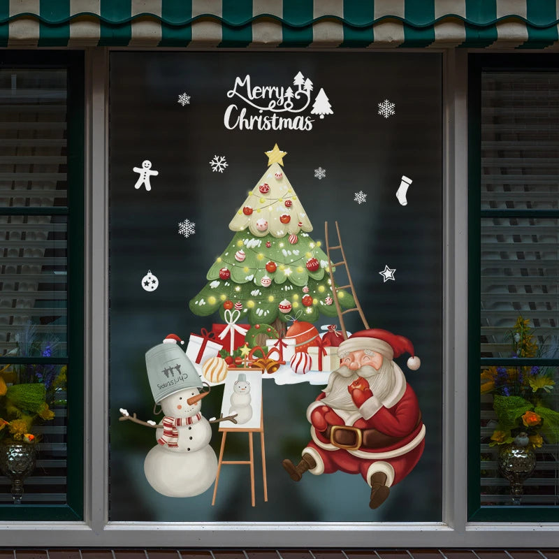 2024 Christmas Window Stickers Santa Claus Xmas Tree Cartoon Glass Decal Merry Christmas New Year Holiday