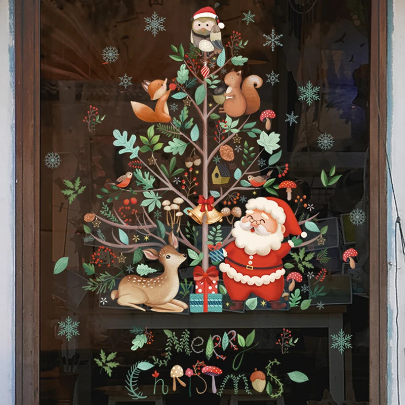 2024 Christmas Window Stickers Santa Claus Xmas Tree Cartoon Glass Decal Merry Christmas New Year Holiday