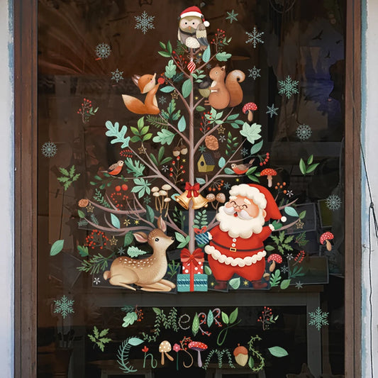 2024 Christmas Window Stickers Santa Claus Xmas Tree Cartoon Glass Decal Merry Christmas New Year Holiday