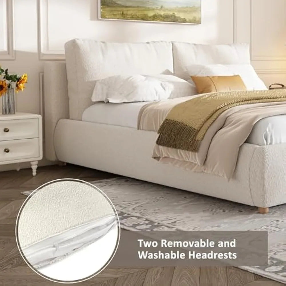 Merax Queen Size Boucle Fabric Upholstered Platform Bed with Two Removable Pillow Headboard, Wood Bed Frame