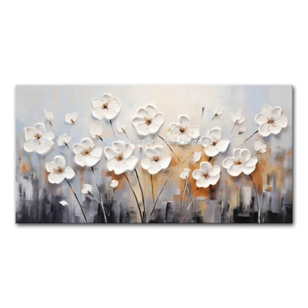 Mintura Hand-painted Abstract Knife Little White Flower Oil Painting on Canvas,Wall Art Pictures for Living Room