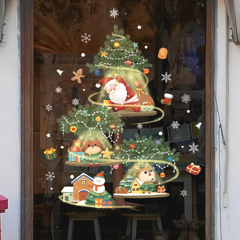 2024 Christmas Window Stickers Santa Claus Xmas Tree Cartoon Glass Decal Merry Christmas New Year Holiday