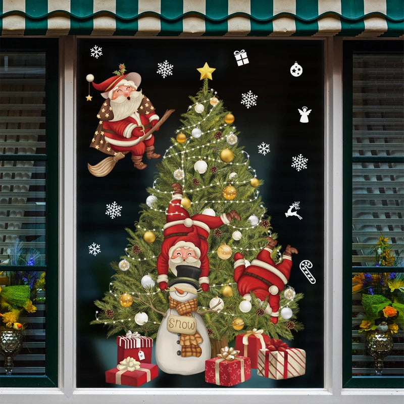 2024 Christmas Window Stickers Santa Claus Xmas Tree Cartoon Glass Decal Merry Christmas New Year Holiday