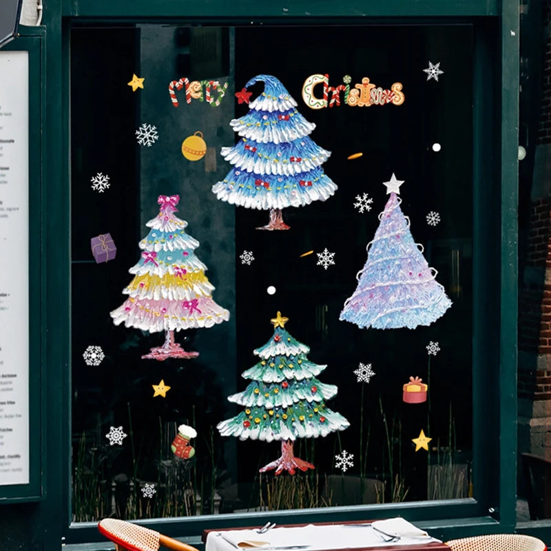 2024 Christmas Window Stickers Santa Claus Xmas Tree Cartoon Glass Decal Merry Christmas New Year Holiday