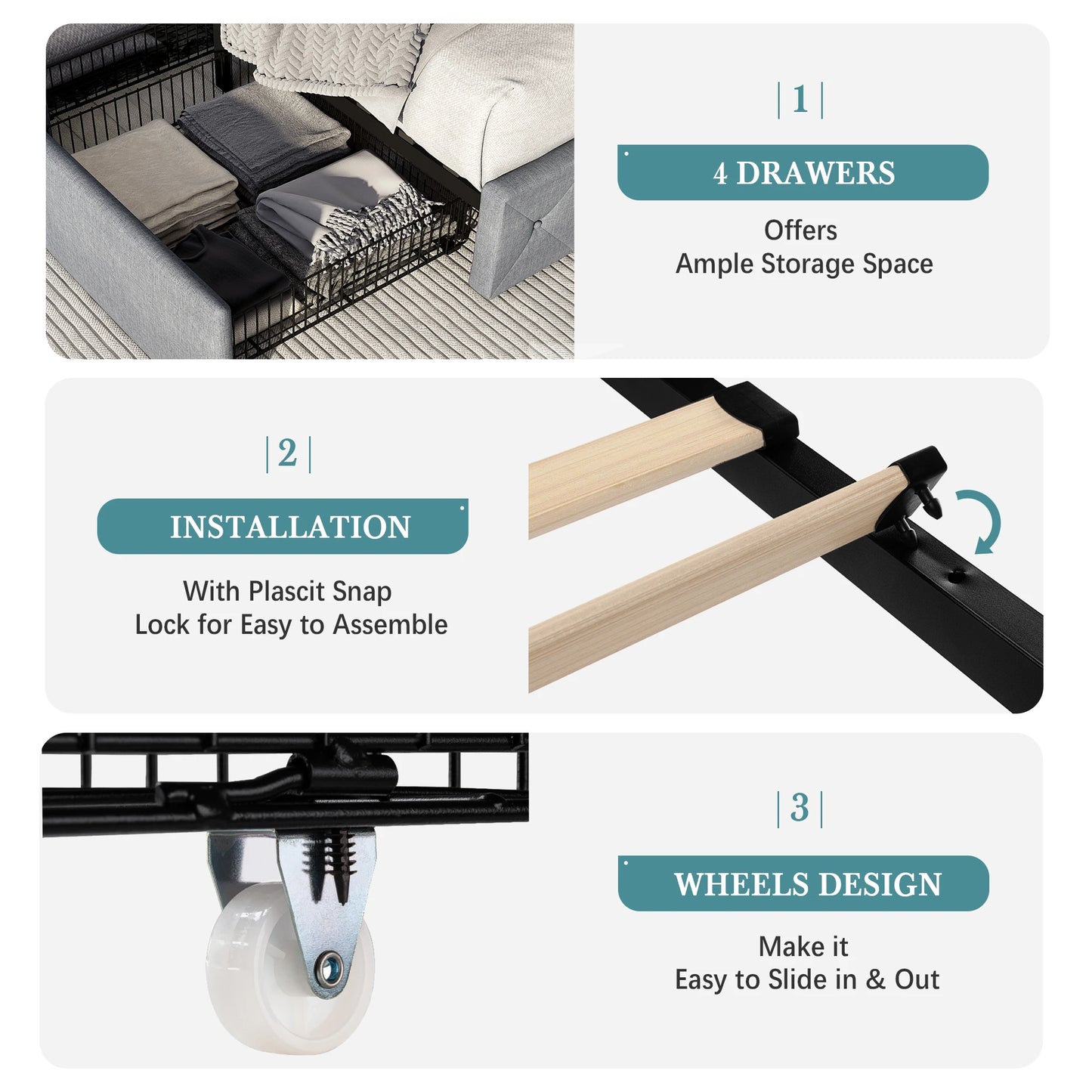 HOOMIC Platform Storage Bed Frame with 4 Drawers & Adjustable Headboard, Diamond Stitched Button Tufted Allewie