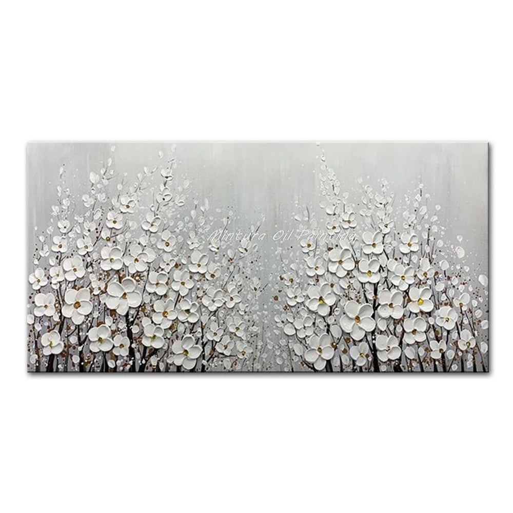 Mintura Hand-painted Abstract Knife Little White Flower Oil Painting on Canvas,Wall Art Pictures for Living Room