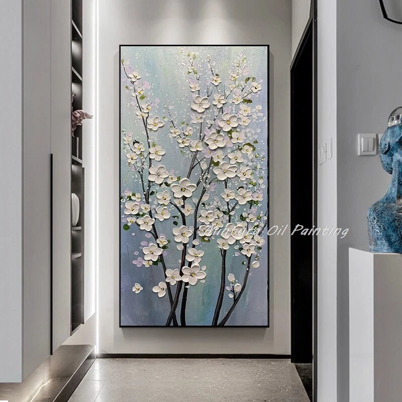 Mintura Hand-painted Abstract Knife Little White Flower Oil Painting on Canvas,Wall Art Pictures for Living Room