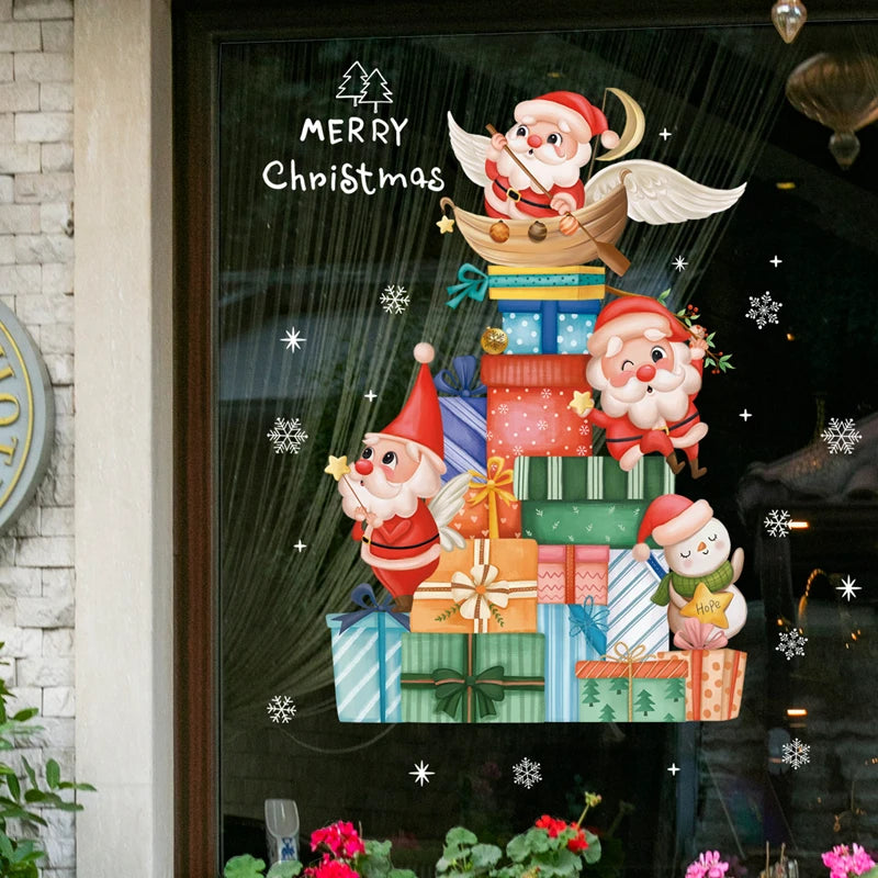 2024 Christmas Window Stickers Santa Claus Xmas Tree Cartoon Glass Decal Merry Christmas New Year Holiday