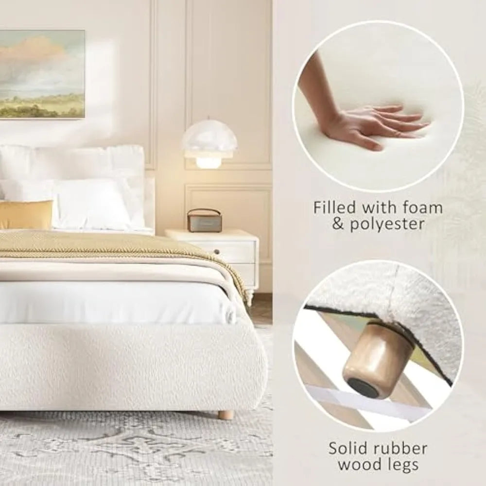 Merax Queen Size Boucle Fabric Upholstered Platform Bed with Two Removable Pillow Headboard, Wood Bed Frame