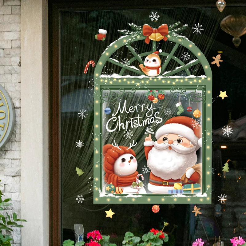 2024 Christmas Window Stickers Santa Claus Xmas Tree Cartoon Glass Decal Merry Christmas New Year Holiday