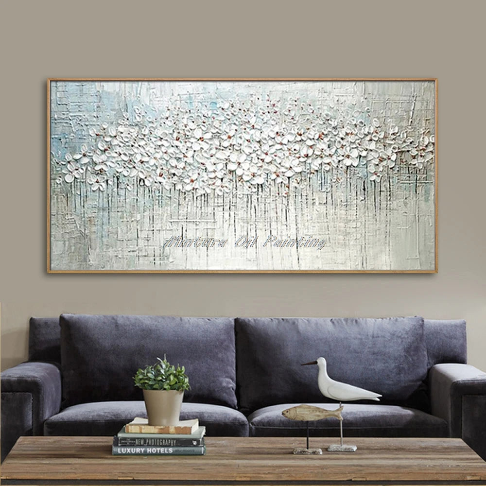 Mintura Hand-painted Abstract Knife Little White Flower Oil Painting on Canvas,Wall Art Pictures for Living Room