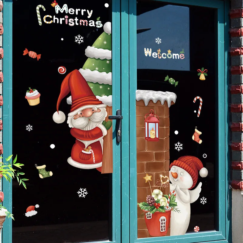 2024 Christmas Window Stickers Santa Claus Xmas Tree Cartoon Glass Decal Merry Christmas New Year Holiday