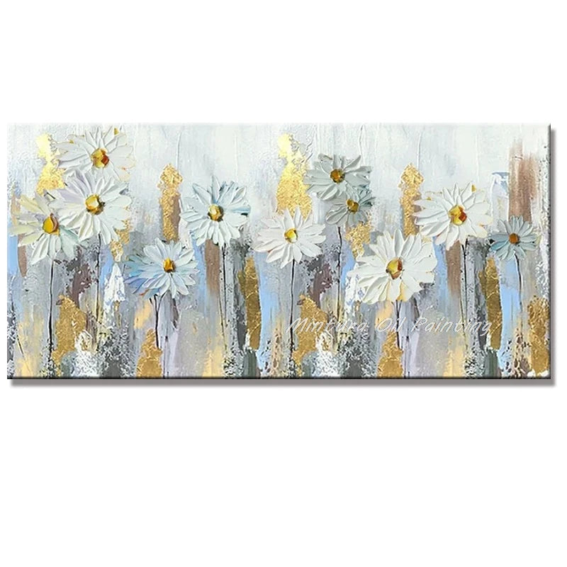 Mintura Hand-painted Abstract Knife Little White Flower Oil Painting on Canvas,Wall Art Pictures for Living Room