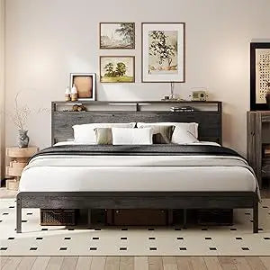 LIKIMIO California King Bed Frame with Headboard, Dark Wood Camas California King with Strong Supports